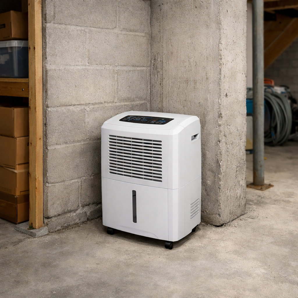 Portable dehumidifier placed near a damp basement wall