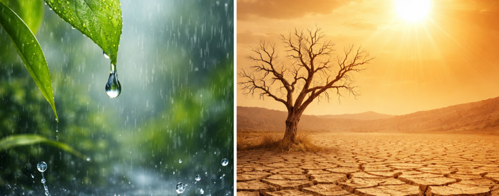 Split image showing wet green conditions and dry desert conditions