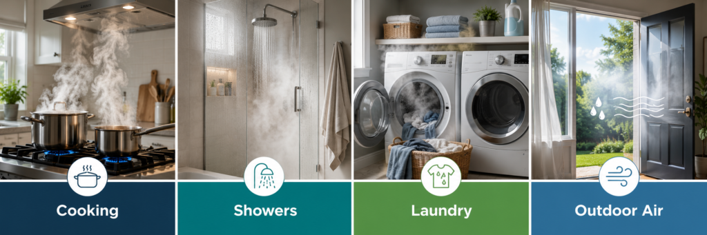 Household moisture sources including cooking, showering, laundry, and outdoor air