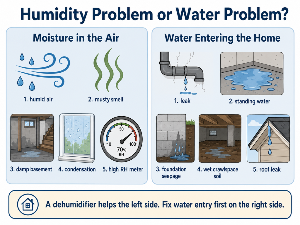 Diagram comparing indoor humidity problems with direct water entry problems
