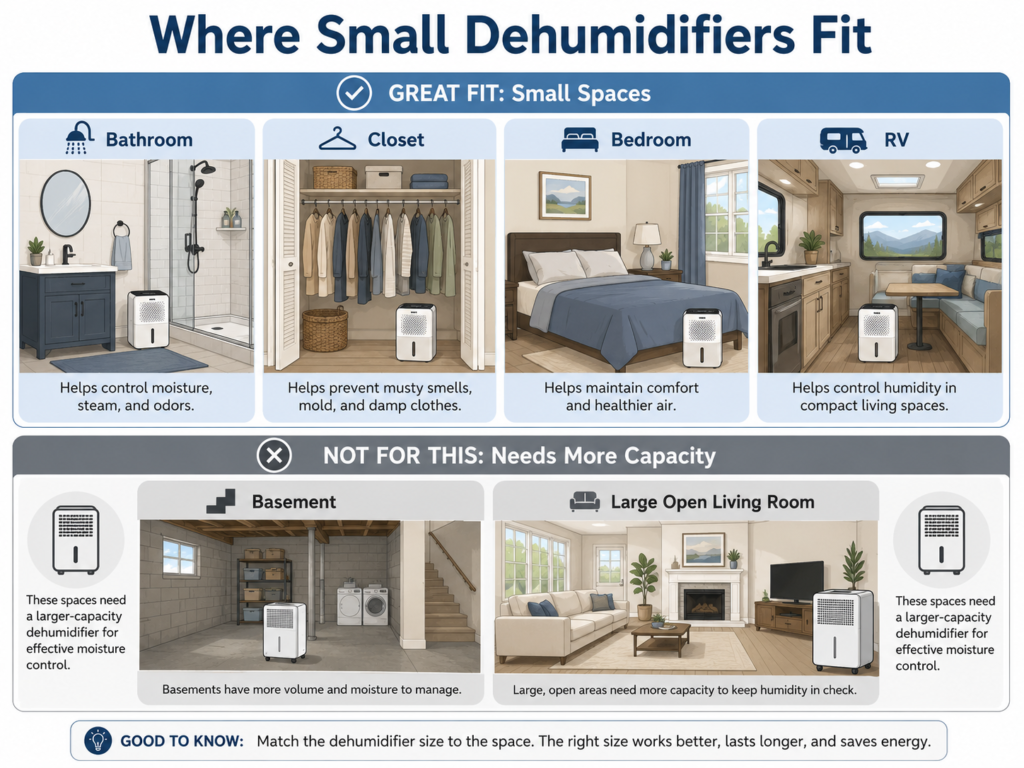 Small dehumidifiers work best in tight, enclosed spaces. They are not replacements for full-size dehumidifiers in large damp areas.