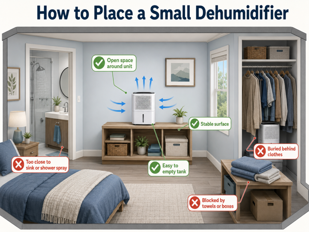 Small dehumidifier placement showing open airflow, stable surface, easy tank access, and blocked placement mistakes.