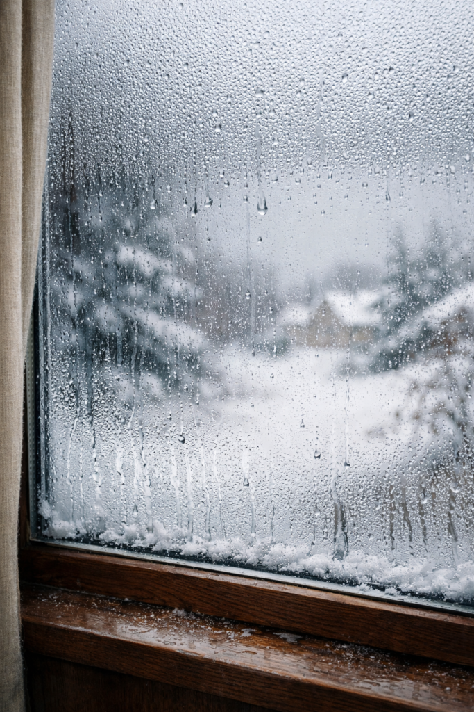 Heavy condensation on a cold window during damp weather