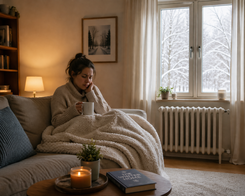 Person sitting in a dry winter bedroom near a radiator and window