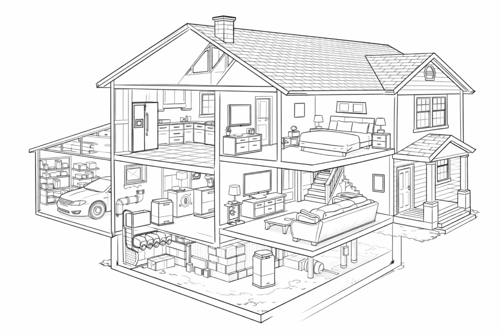 Wireframe house diagram showing rooms and indoor air movement context