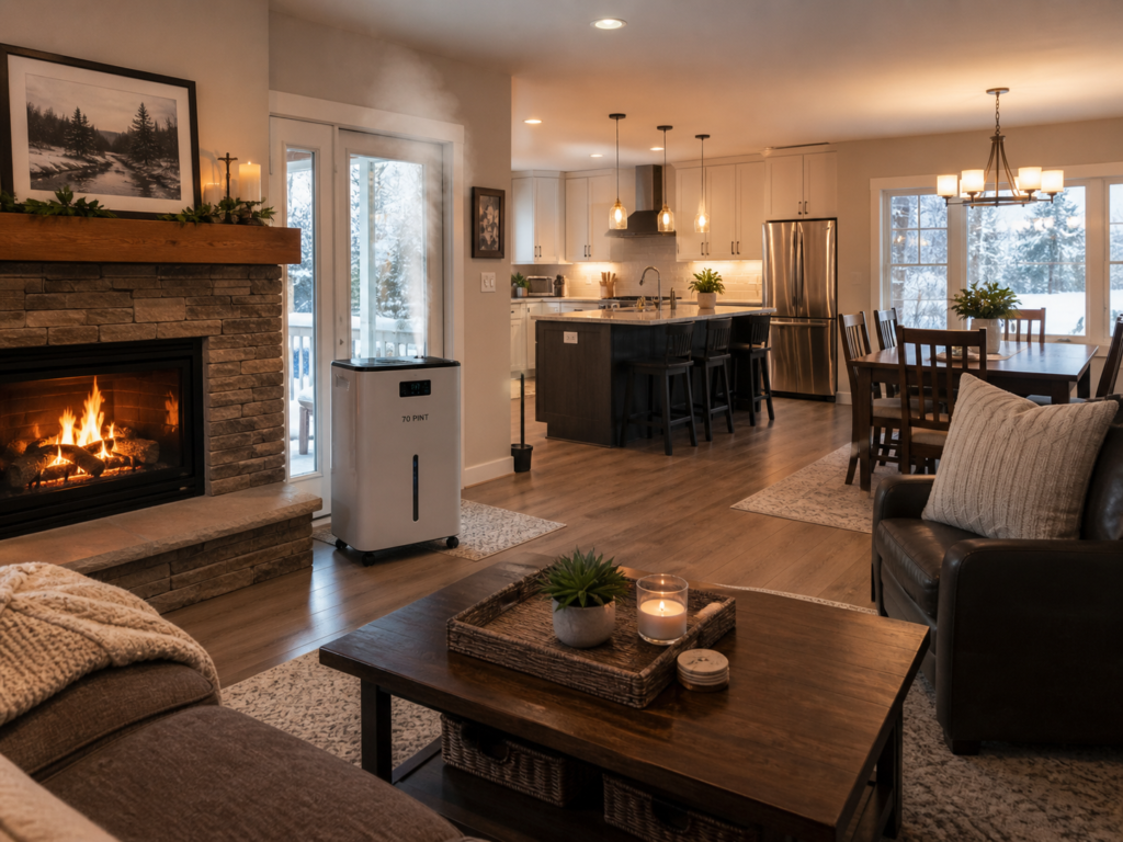 Large portable dehumidifier running in an open living room near a fireplace