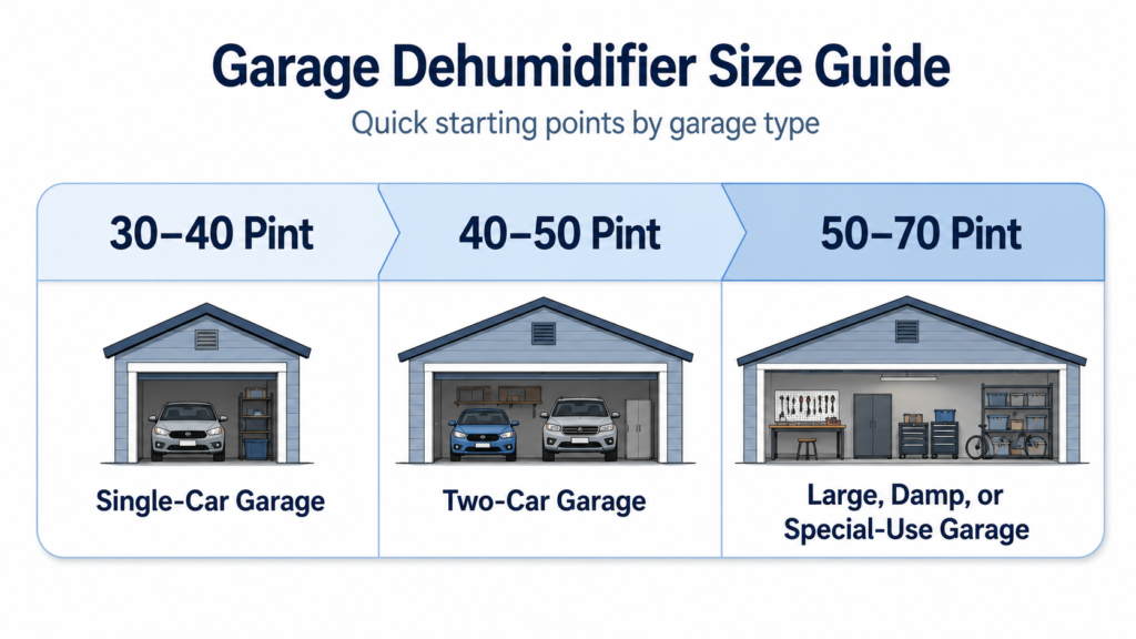 Garage dehumidifier size range chart showing 30 to 40 pints for single-car garages, 40 to 50 pints for two-car garages, and 50 to 70 pints for large or damp garages.