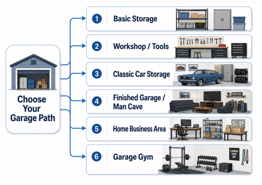 Garage humidity control paths for storage, tools, classic cars, finished garage spaces, home business use, and garage gyms.