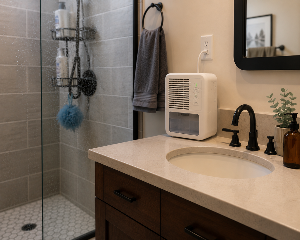 Small dehumidifier running on a bathroom counter after a shower